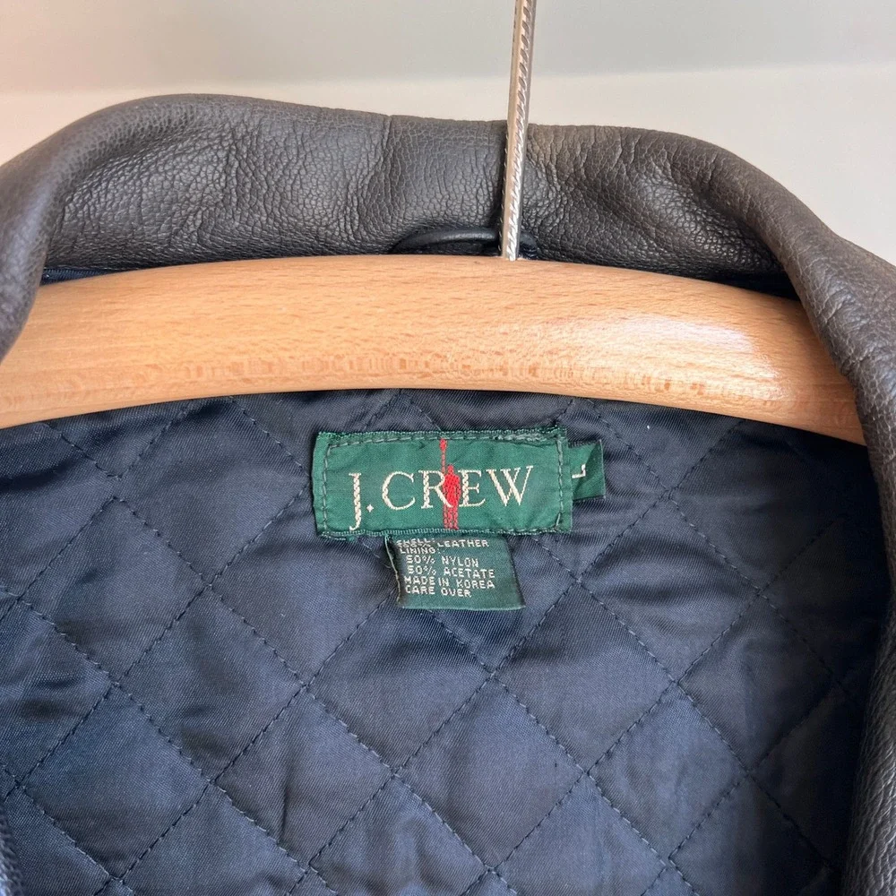Vintage J. Crew Leather Jacket Size L Brown 90s Oarsman Full Zip Bomber Coat